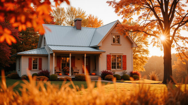 Charming house surrounded by vibrant autumn foliage, showcasing cozy atmosphere with warm sunlight filtering through trees
