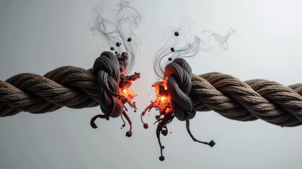Dramatic image of thick rope fraying and bursting with fiery sparks and smoke, showcasing tension and destruction