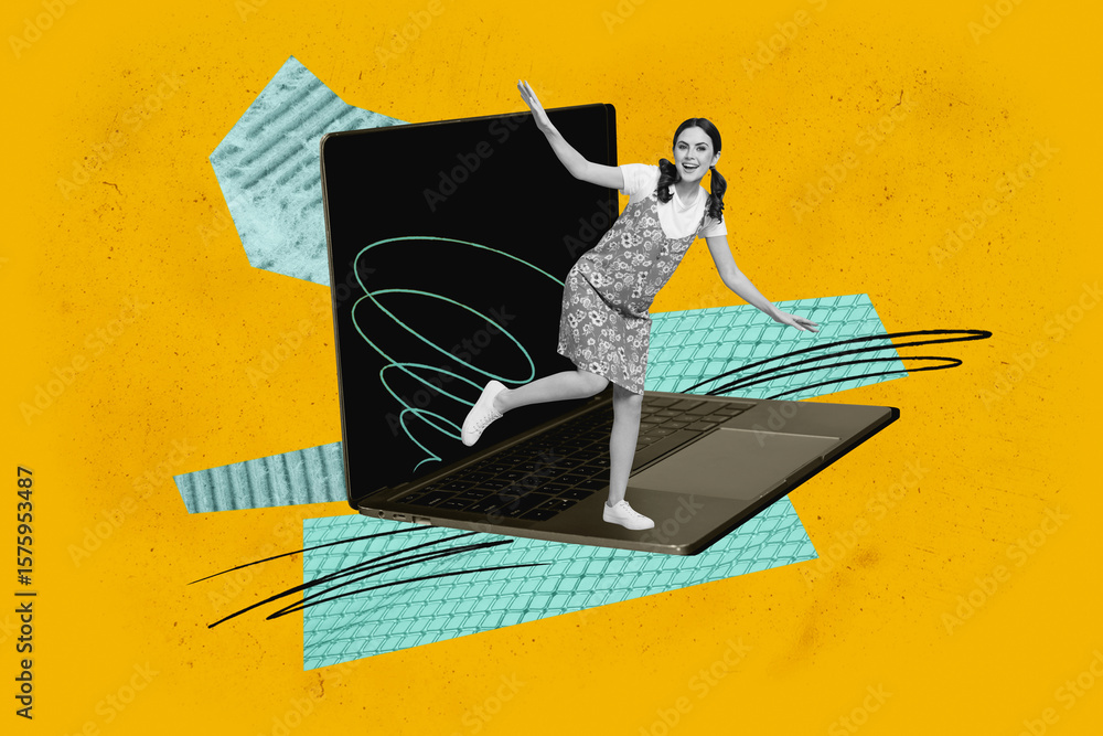 Poster image full trendy 3d collage poster of happy businesswoman stand laptop keypad video call coding hac