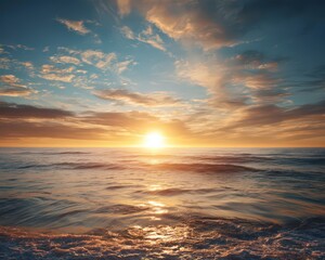 Obraz premium Golden Sunset Over Ocean Horizon with Rippling Water and Cloudy Sky