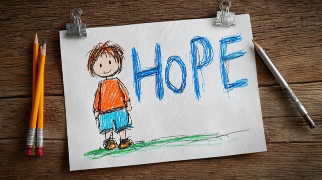 A child's colorful drawing of a smiling figure next to the word "HOPE" on paper, clipped and placed on a wooden surface with pencils and a pen nearby.