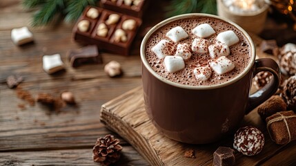 Close-Up Shot of Hot Chocolate with Marshmallow and Sweets on Wooden Table