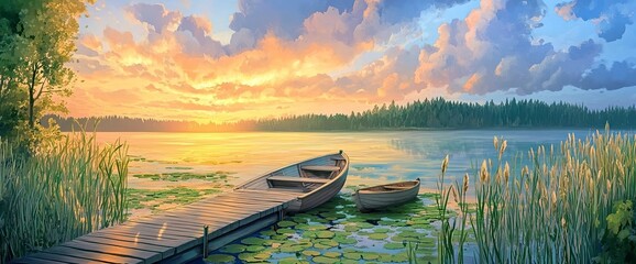 Beautiful summer landscape with a wooden jetty on the lake at sunset, a panorama of lily pads and reeds in the foreground, a wooden boat near the pier, a stunning sky with dramatic clouds over the for