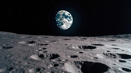 Stunning view of lunar surface featuring numerous craters, with Earth visible in background, showcasing vastness of space and celestial beauty