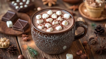 Close-Up Shot of Hot Chocolate with Marshmallow and Sweets on Wooden Table