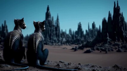 two alien cat like animals sitting on the sand in the desert with a dark, black futuristic alien city towers in front of them. 