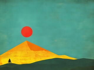 Abstract Minimalist Landscape Sun Mountain Tree
