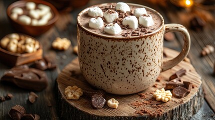 Close-Up Shot of Hot Chocolate with Marshmallow and Sweets on Wooden Table