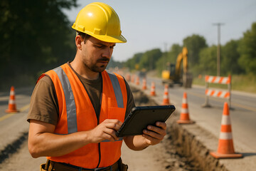 Focused Roadside Construction worker Scene for industrial photography