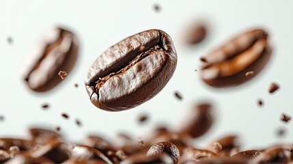 Close-Up Shot of Panoramic Coffee Bean Falling on White Background