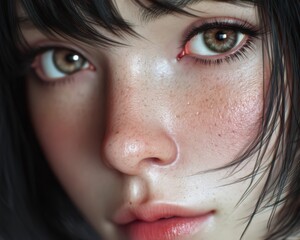 Realistic Anime Style Portrait Close-Up of Beautiful Eyes and Freckles
