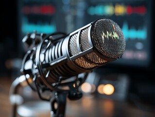 Home studio podcast interior retro microphone and pop filter on acoustic foam panel background close-up 3d rendering 