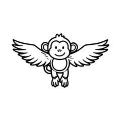 Smiling Flying Monkey with Wings in Simple Black Doodle Style on Transparent Background for Fairytales, Comics, or Children&rsquo;s Media