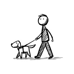 Hand drawn doodle of person walking with guide dog wearing a service vest, in black line art for accessibility, support animals and mobility awareness visuals on transparent background
