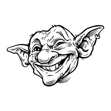 Grinning goblin head with exaggerated features and large ears in bold hand-drawn fantasy illustration for Halloween stickers, RPG enemies, or monster design on transparent background
