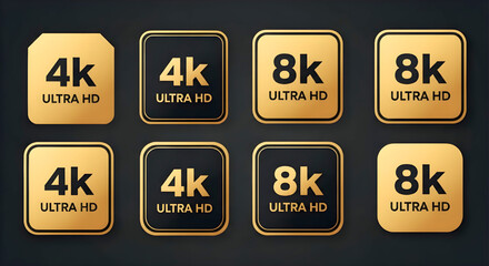 Modern Gold and Black 4K and 8K Ultra HD Video Resolution Vector Icons Set isolated PNG with Transparent Background