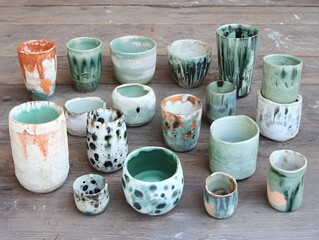 Unique Handmade Ceramic Cups and Bowls Collection Rustic Green and Orange Glaze