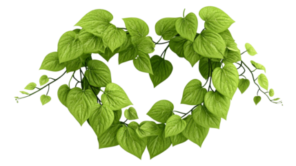 Heart shape vines are composed of vibrant green leaves with transparent background.