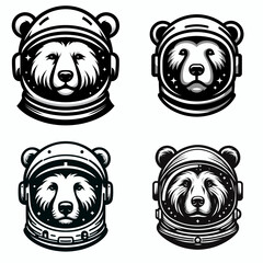 Obraz premium Bear head with astronaut helmet. Galaxy Cosmos Universe Nebula Cosmic Clipart Line Art Vector Illustration. Grizzly cranium wearing spaceman dome fauna in headgear cartoon mascot.