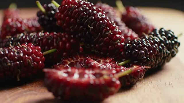 Vibrant Mulberries, Pile Displaying Rich Colors And Texture On Wooden Board