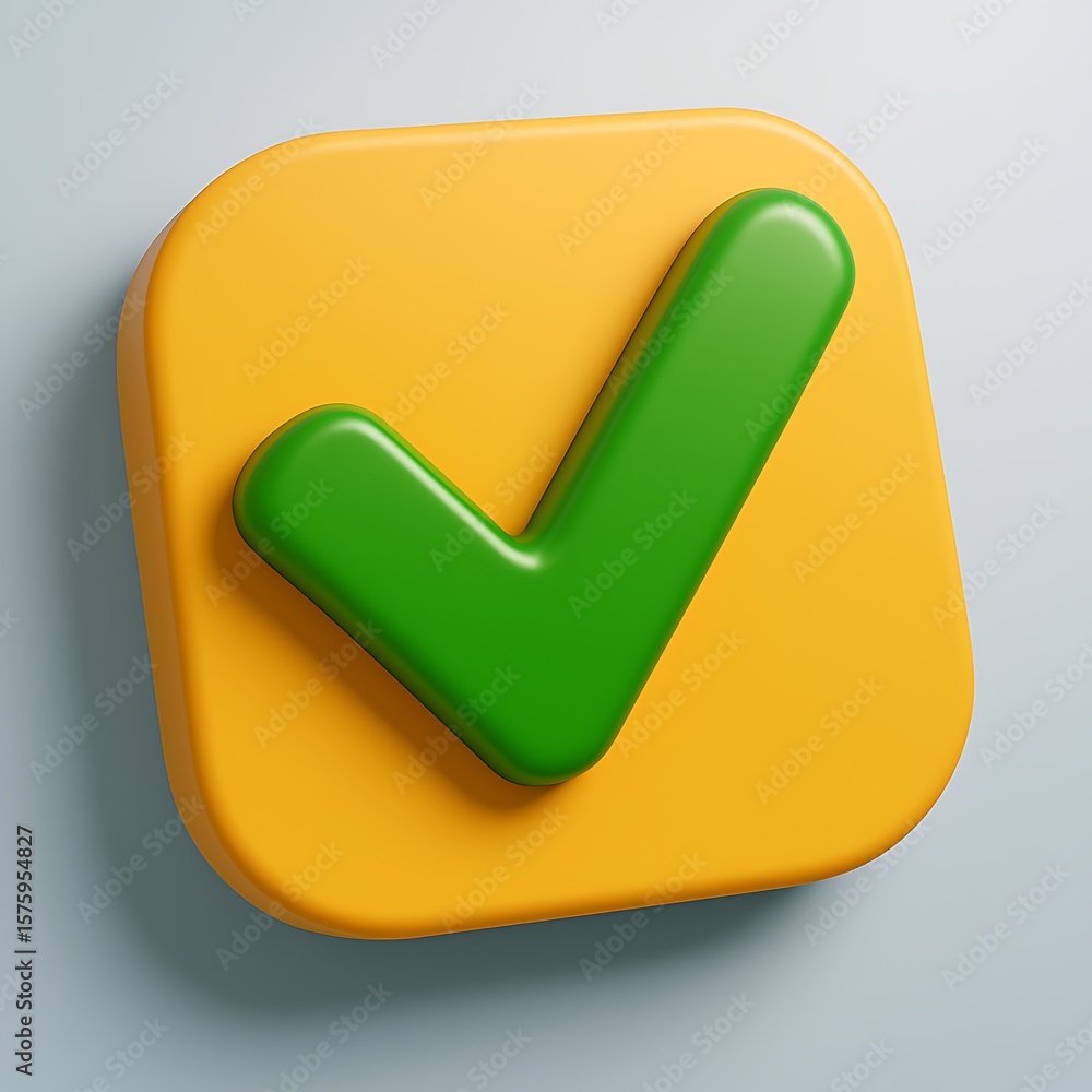 Poster green check mark on a rounded yellow square button with a subtle shadow