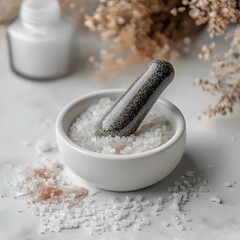 Spa Treatment White Salt Ground in Mortar and Pestle