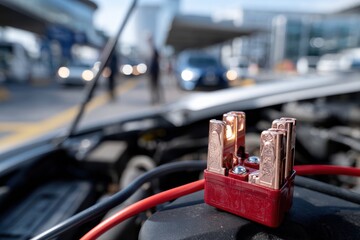An image of a car battery device showcased on an engine at an airport, capturing the buzz of traffic and the anticipation of travelers in the background.