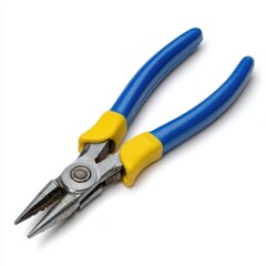 Obraz premium A pair of needle nose pliers with blue and yellow handles isolated on white background