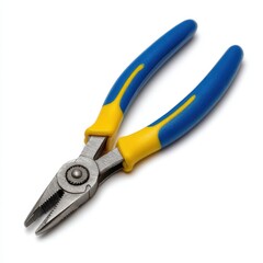 Fototapeta premium Close up of a blue and yellow handled combination pliers tool isolated on white background