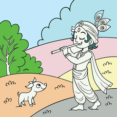 Lord Krishna & Radha Devi with flute Vector line art illustrations