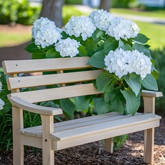 Wooden Park Bench with Blooming White Hydrangeas