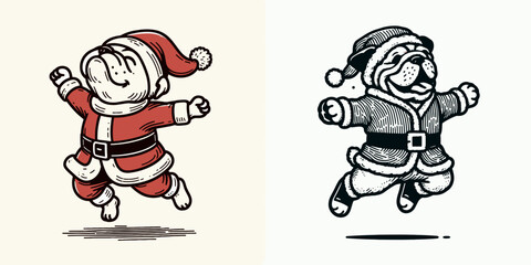 Naklejka premium Bulldog wear santa Claus Costumes Jumping with Joy. Astronaut Galaxy Cosmos Universe Nebula Cosmic Clipart Line Art Vector Illustration. .