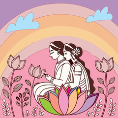 Lord Krishna & Radha Devi with flute Vector line art illustrations