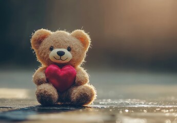 Cute Teddy bear with red heart on background