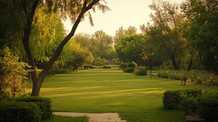 Obraz premium Lush green lawn bordered by trees and shrubs.