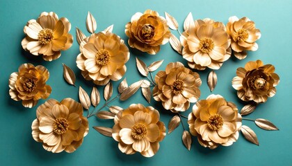 Gold paper flowers on teal background