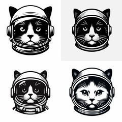 Fototapeta premium Domestic Shorthair Cat head with astronaut helmet. Galaxy Cosmos Universe Nebula Cosmic Clipart Line Art Vector Illustration. Short hair feline face space gear a kitty in explorer headwear.