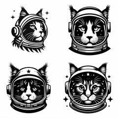 Maine Coon Cat head with astronaut helmet. Galaxy Cosmos Universe Nebula Cosmic Clipart Line Art Vector Illustration. Longhair feline face in spaceman gear kitty pet wearing dome.