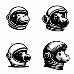 Pygmy hippo head with astronaut helmet. Galaxy Cosmos Universe Nebula Cosmic Clipart Line Art Vector Illustration. Miniature face wearing space explorer headgear wildlife in theme.