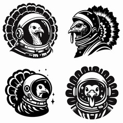 Turkey head with astronaut helmet. Galaxy Cosmos Universe Nebula Cosmic Clipart Line Art Vector Illustration. Fowl face wearing area exploration headgear galactic aviation idea.