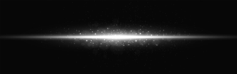 Glowing horizontal light beam with sparkles and dust on black background. White laser with particles for sci-fi effects, magic scene or technology design. Vector Illustration.