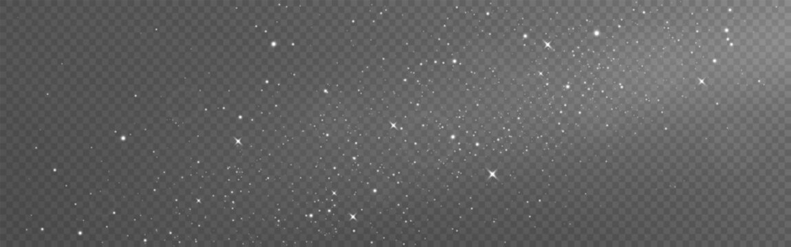 Silver glitter sparkles on transparent background. Bright shiny stars and dust trail effect for holiday, party or luxury design. Magic sparks and particles. Vector Illustration.