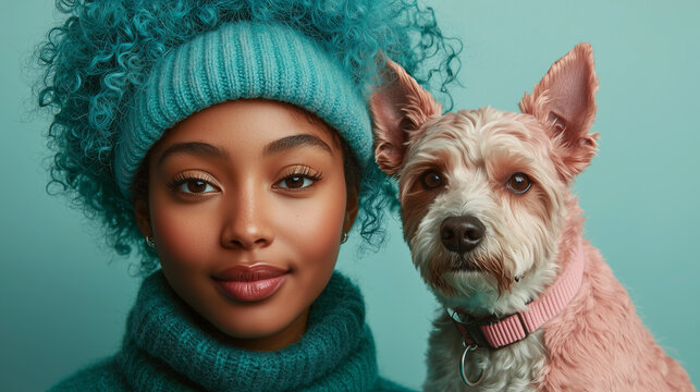 Woman with curly blue hair poses with pink-collared dog on teal - Powered by Adobe