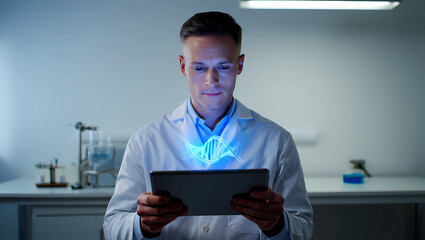 Scientist analyzes genetic data on a tablet displaying a holographic DNA strand in a modern laboratory setting
