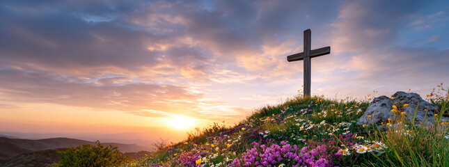 Christian cross on a hill with wildflowers and a bright sunset sky. Concept of faith, spiritual worship, and hope for Easter.