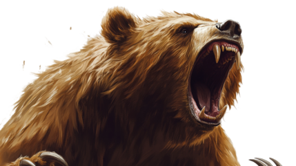 Furious brown bear is showing dangerous teeth with its mouth wide open on transparent area.
