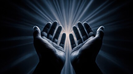 Two open hands raised with light beams radiating behind, symbolizing hope, prayer, or spiritual connection in a dark background.