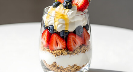 Bright and fresh breakfast parfait with yogurt, granola, strawberries and blueberries beautifully layered in a clear glass.
