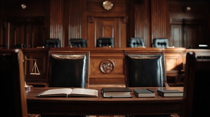 Empty courtroom with wooden paneling, leather chairs, open law books, and a brass scale of justice on the judge"s bench.