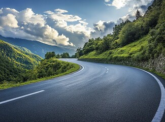 Beautiful, winding asphalt road in the green forest with mountains and clouds in the background, northern Italy. A scenic highway for car travel through the natural landscape of the Alps. Restaurant C